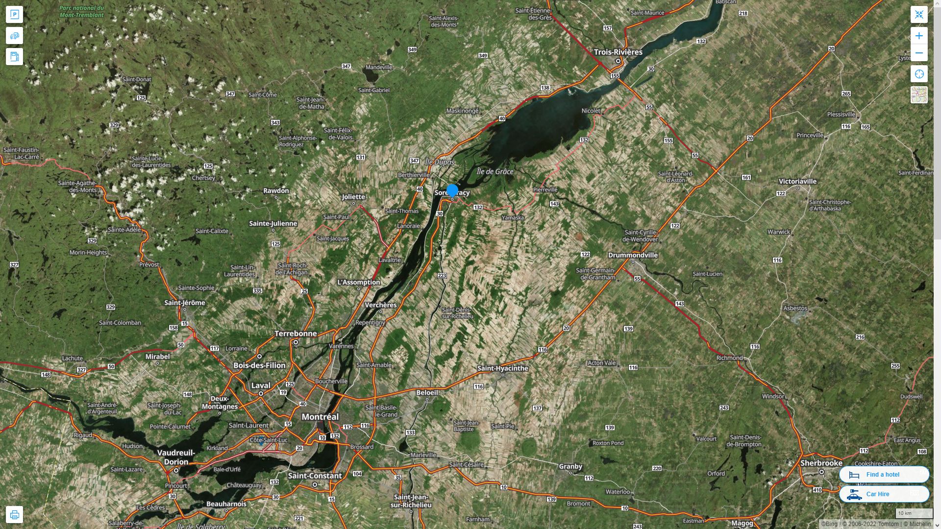 Sorel Tracy Canada Autoroute et carte routiere avec vue satellite